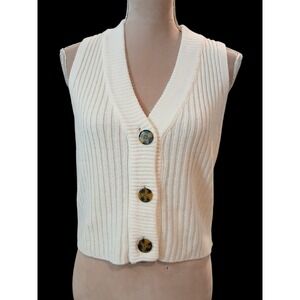 Major Label Group Womens Ribbed Knit Button Front V-Neck Sweater Vest Cream L